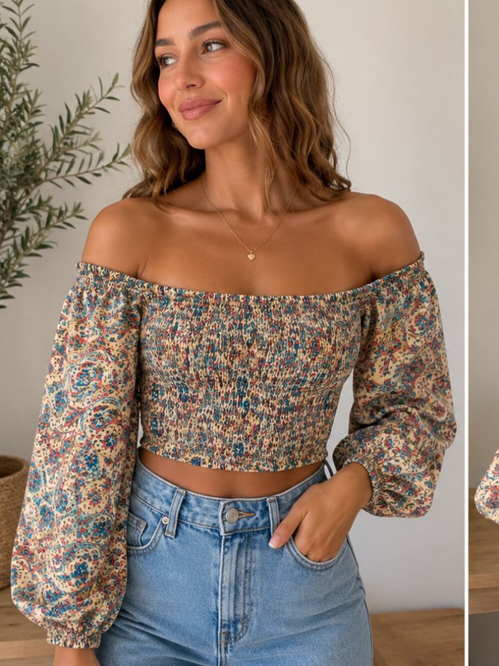 Boho Paisley Smocked Off-Shoulder Crop Top Balloon Sleeve Size Small